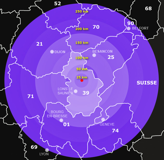 Carte du rayon d'action du réseau Jura Orage